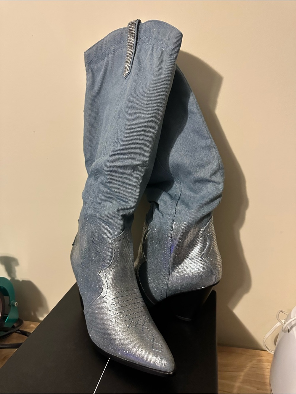 Cape Robbin Silver and Light Blue Denim Knee-High Heeled Boots